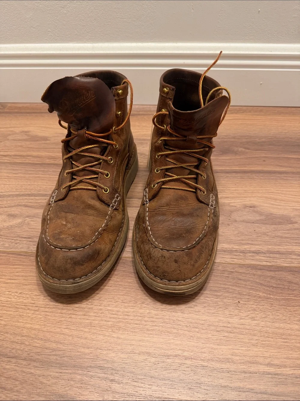 Danner Brown Leather Moc Toe Work Boots with American Flag Tab